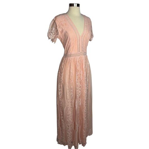 Peach Bohemian Boho Lace V-Neck Maxi Dress‎ Photo Shoot Size Small - Picture 6 of 13